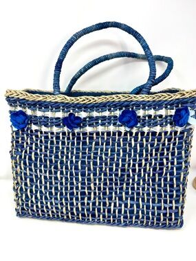 Woven Straw Tote Bag with Blue Flower Embellishments